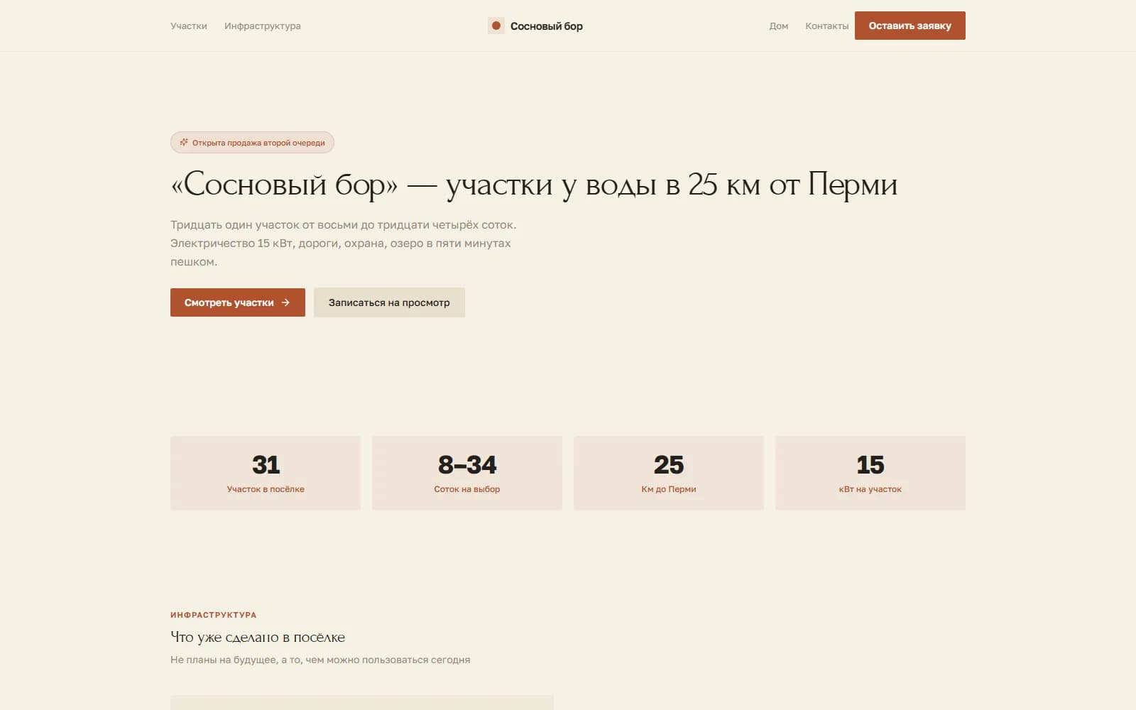 Первая страница собранного сайта посёлка с картой участков.